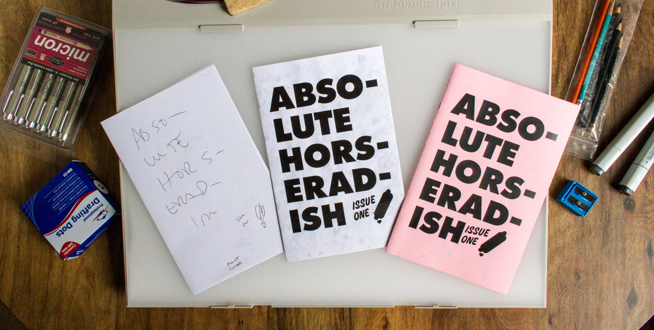 The series of prototypes created before printing the final version of Absolute Horseradish Issue 1.