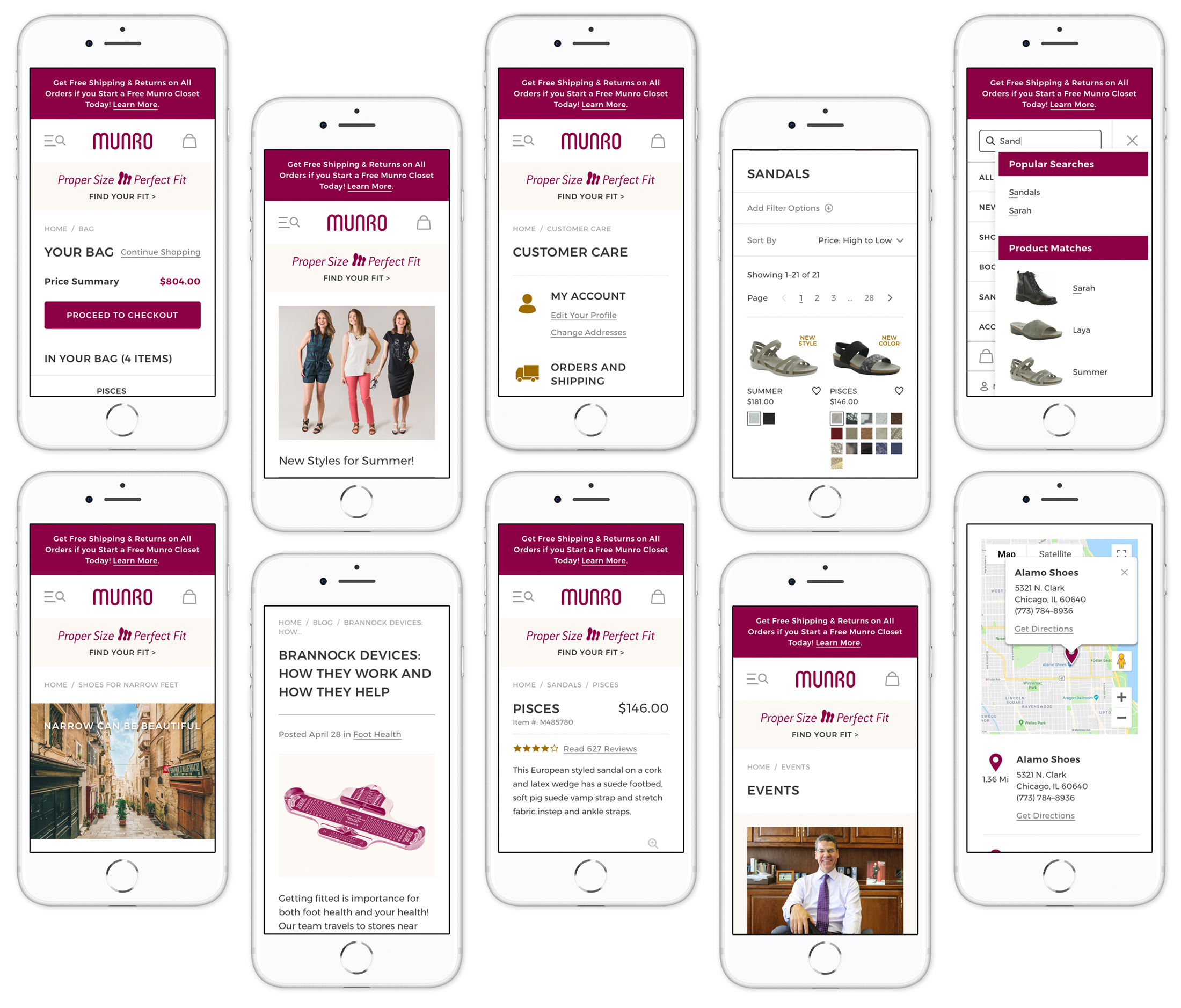 A series of mobile mockups of the Munro Shoes website.