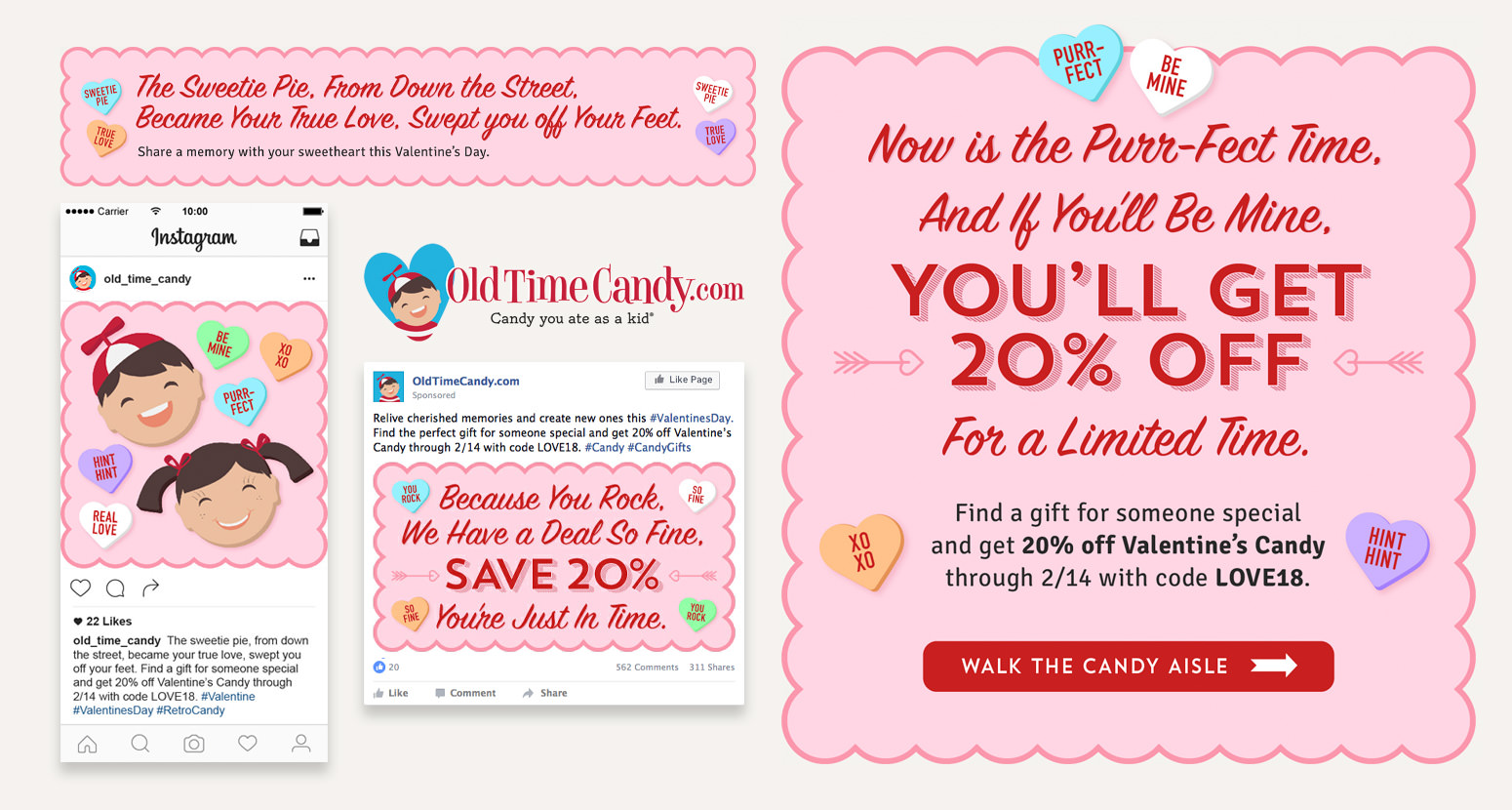 A Valentine's Day promotional campaign for OldTimeCandy.com.